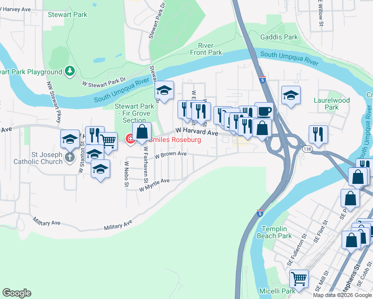 map of restaurants, bars, coffee shops, grocery stores, and more near 1225 West Rosemond Avenue in Roseburg