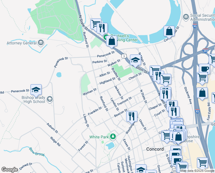 map of restaurants, bars, coffee shops, grocery stores, and more near 17 Highland Street in Concord