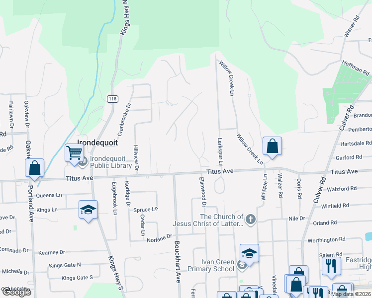 map of restaurants, bars, coffee shops, grocery stores, and more near 85 Sewilo Hills Drive in Rochester