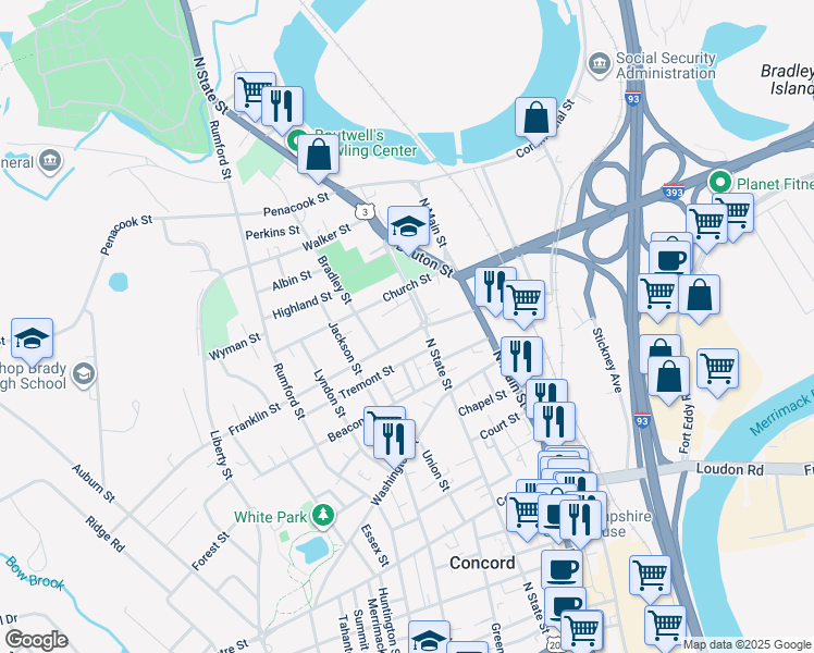map of restaurants, bars, coffee shops, grocery stores, and more near 131 North State Street in Concord