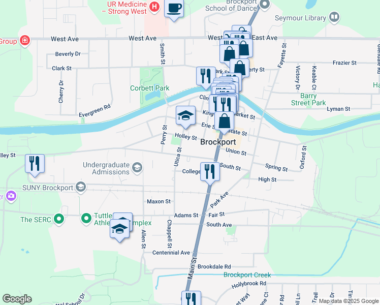 map of restaurants, bars, coffee shops, grocery stores, and more near 46 Monroe Avenue in Brockport