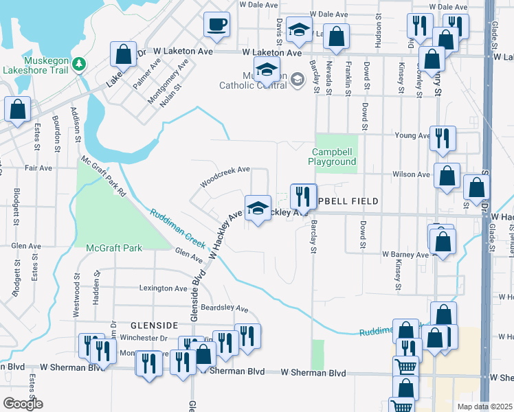 map of restaurants, bars, coffee shops, grocery stores, and more near 1290 West Hackley Avenue in Muskegon
