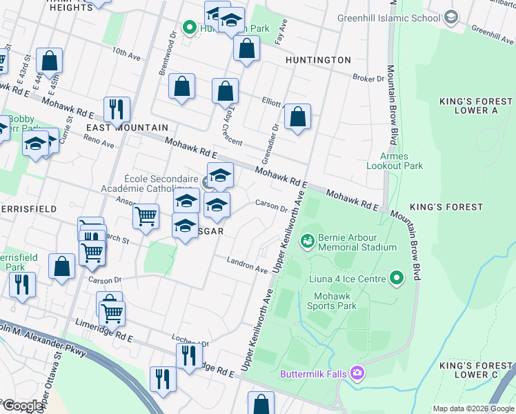 map of restaurants, bars, coffee shops, grocery stores, and more near 322 Carson Drive in Hamilton