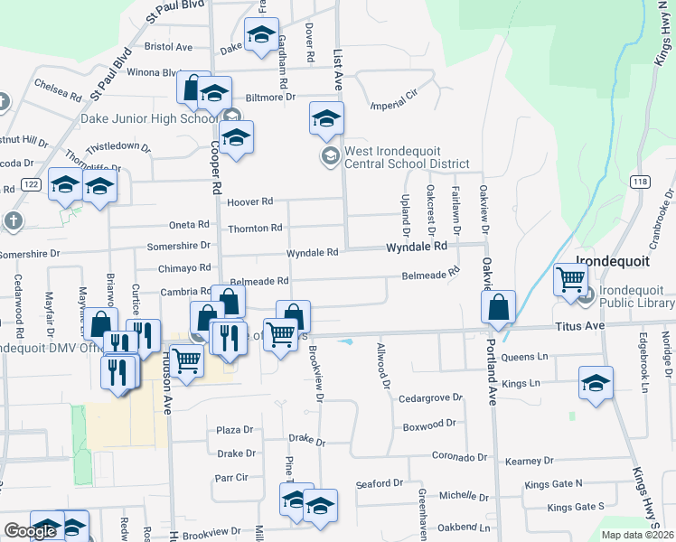map of restaurants, bars, coffee shops, grocery stores, and more near 175 Wyndale Road in Rochester