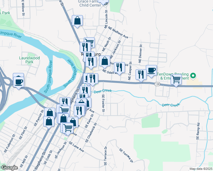map of restaurants, bars, coffee shops, grocery stores, and more near 1561 Northeast Diamond Lake Boulevard in Roseburg