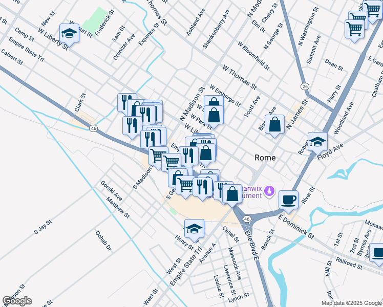 map of restaurants, bars, coffee shops, grocery stores, and more near 300 West Dominick Street in Rome