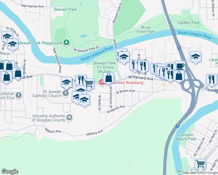 map of restaurants, bars, coffee shops, grocery stores, and more near 1621 West Harvard Avenue in Roseburg