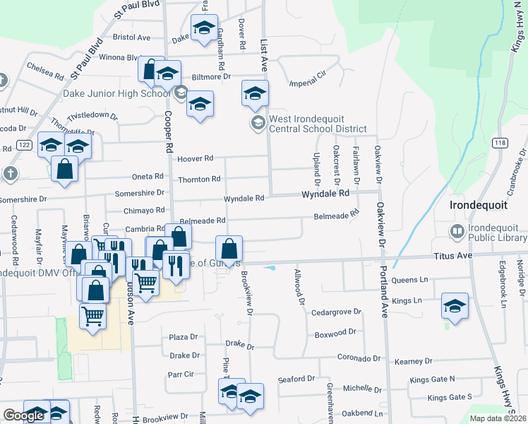 map of restaurants, bars, coffee shops, grocery stores, and more near 175 Wyndale Road in Rochester
