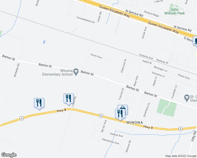 map of restaurants, bars, coffee shops, grocery stores, and more near 1188 Barton Street in Hamilton