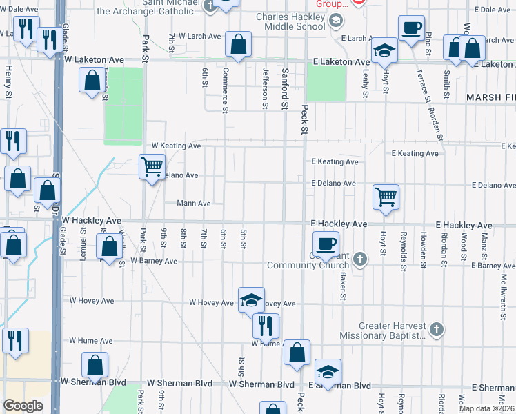 map of restaurants, bars, coffee shops, grocery stores, and more near 2116 Jefferson Street in Muskegon Heights