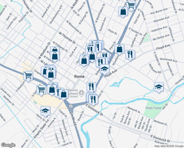 map of restaurants, bars, coffee shops, grocery stores, and more near 110 Stanwix Street in Rome