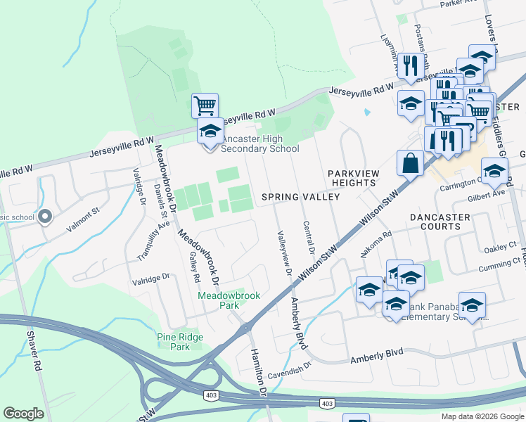map of restaurants, bars, coffee shops, grocery stores, and more near 332 Taylor Road in Hamilton