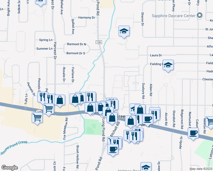 map of restaurants, bars, coffee shops, grocery stores, and more near 1212 Long Pond Road in Rochester
