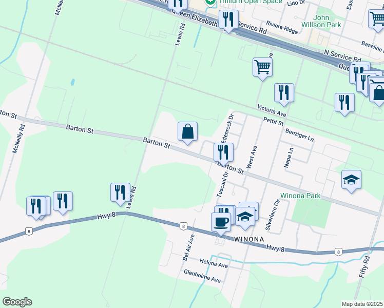 map of restaurants, bars, coffee shops, grocery stores, and more near 1198 Barton Street in Hamilton