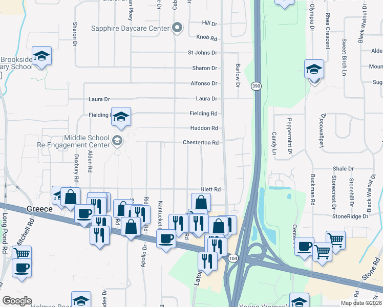 map of restaurants, bars, coffee shops, grocery stores, and more near 99 Chesterton Road in Rochester