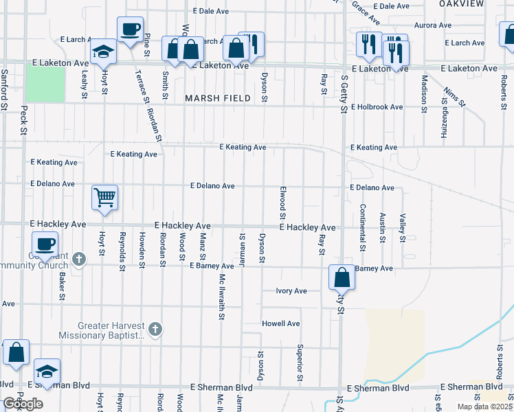 map of restaurants, bars, coffee shops, grocery stores, and more near 2114 Jarman Street in Muskegon Heights