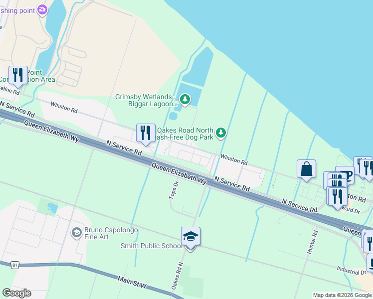 map of restaurants, bars, coffee shops, grocery stores, and more near 114 Dunrobin Lane in Grimsby