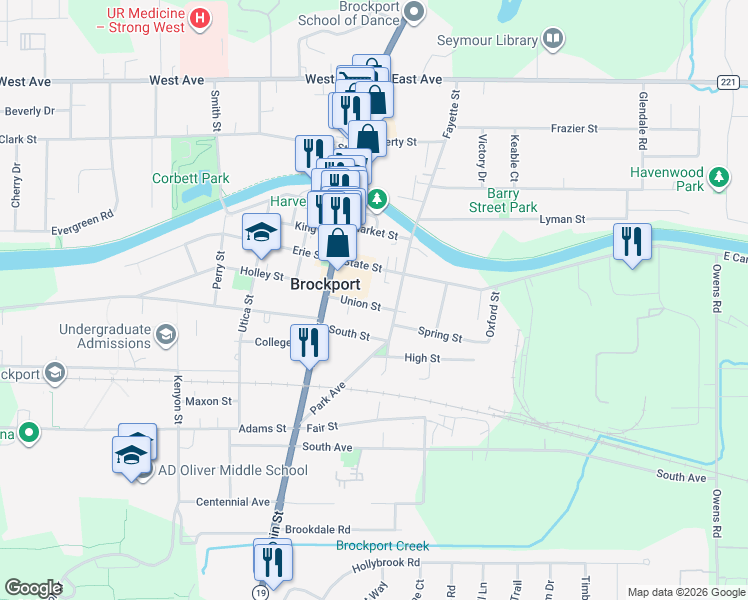 map of restaurants, bars, coffee shops, grocery stores, and more near 39/41 Union Street in Brockport