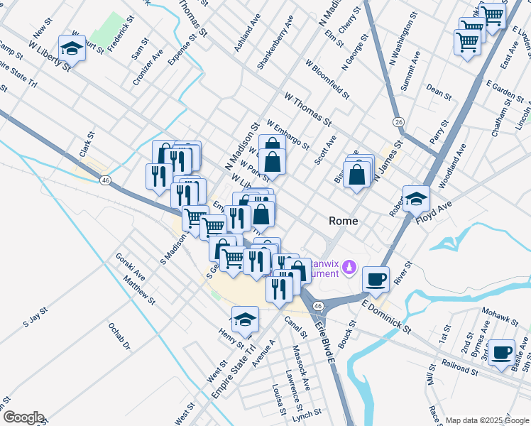 map of restaurants, bars, coffee shops, grocery stores, and more near 150 North George Street in Rome