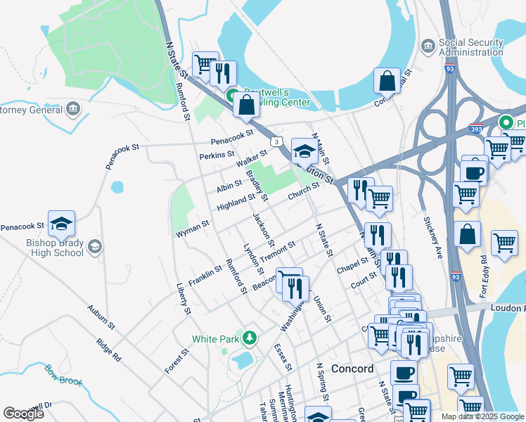 map of restaurants, bars, coffee shops, grocery stores, and more near 38-40 Church Street in Concord