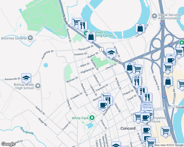 map of restaurants, bars, coffee shops, grocery stores, and more near 38-40 Church Street in Concord