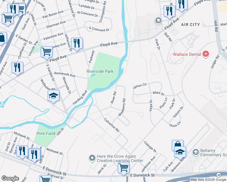 map of restaurants, bars, coffee shops, grocery stores, and more near 527 River Road in Rome