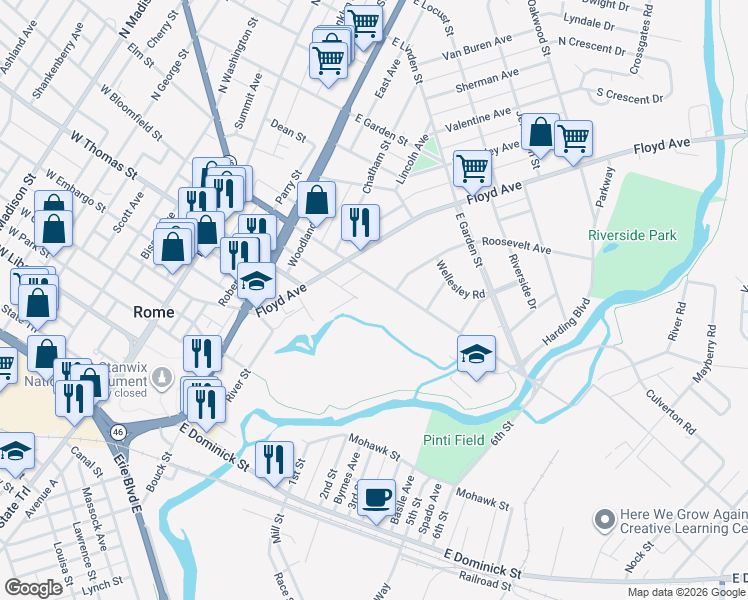 map of restaurants, bars, coffee shops, grocery stores, and more near 407 Myrtle Street in Rome