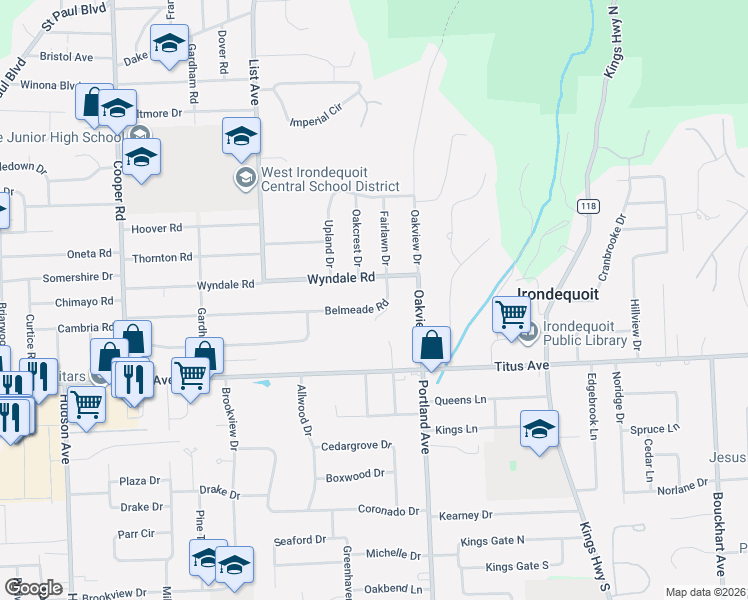 map of restaurants, bars, coffee shops, grocery stores, and more near 389 Wyndale Road in Rochester