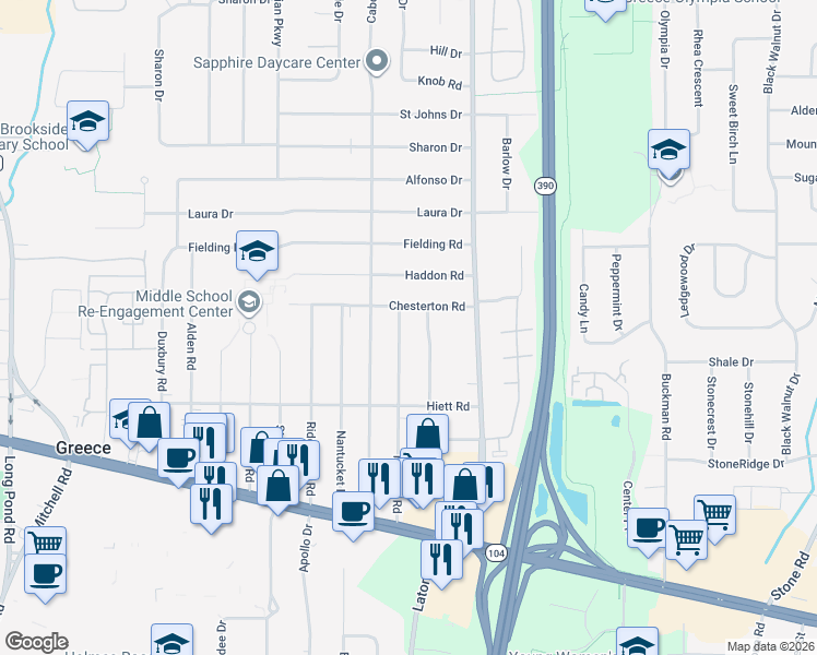 map of restaurants, bars, coffee shops, grocery stores, and more near 99 Chesterton Road in Rochester