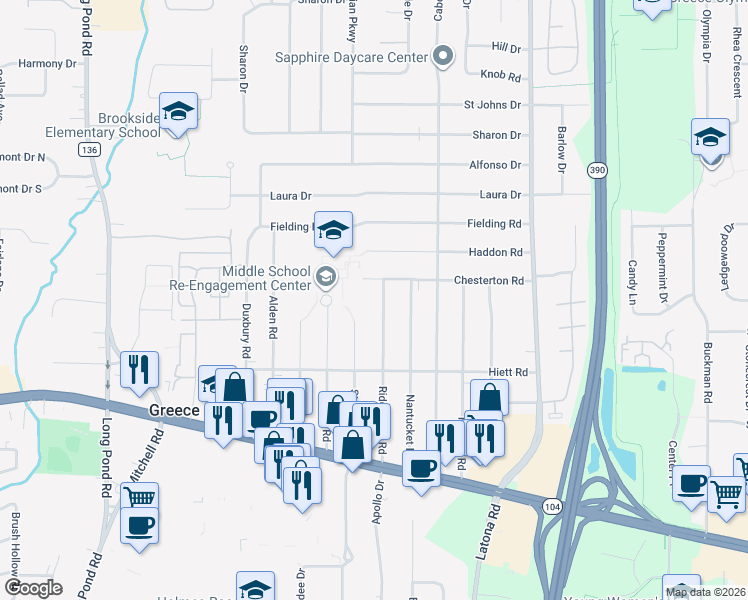 map of restaurants, bars, coffee shops, grocery stores, and more near 249 Chesterton Road in Rochester