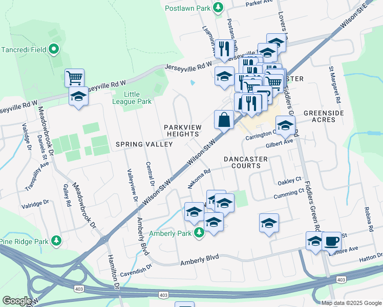 map of restaurants, bars, coffee shops, grocery stores, and more near in Ancaster