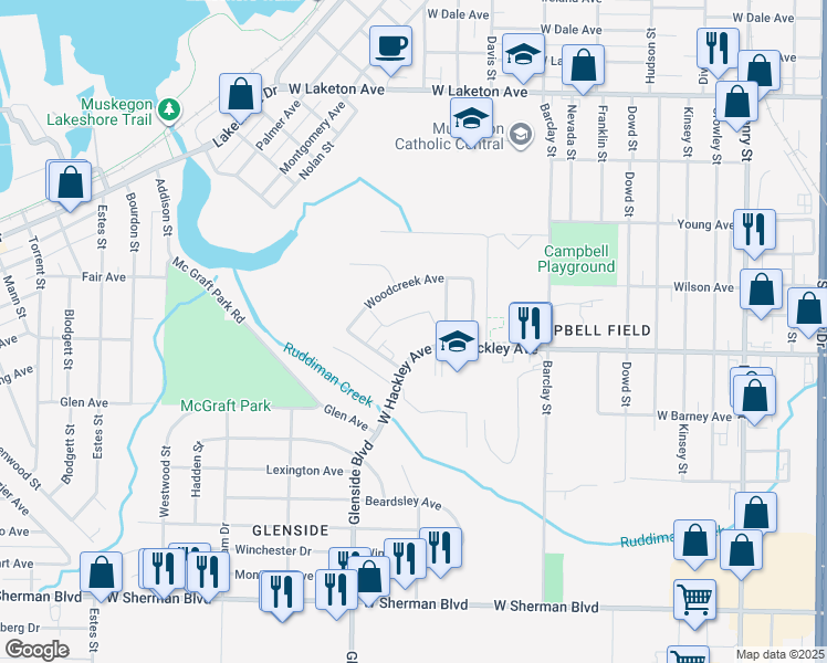 map of restaurants, bars, coffee shops, grocery stores, and more near 1350 West Hackley Avenue in Muskegon