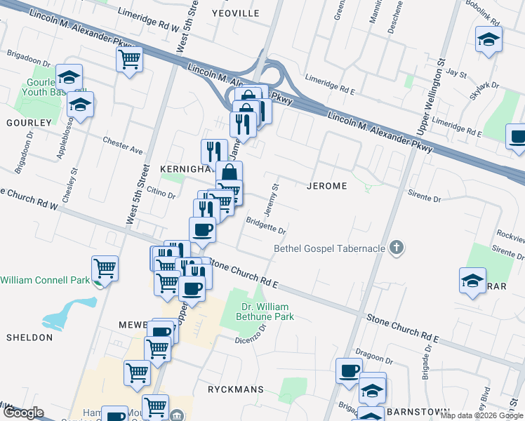 map of restaurants, bars, coffee shops, grocery stores, and more near 62 Jeremy Street in Hamilton