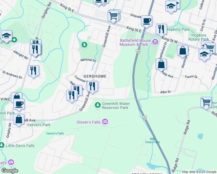 map of restaurants, bars, coffee shops, grocery stores, and more near 260 Nashville Circle in Hamilton