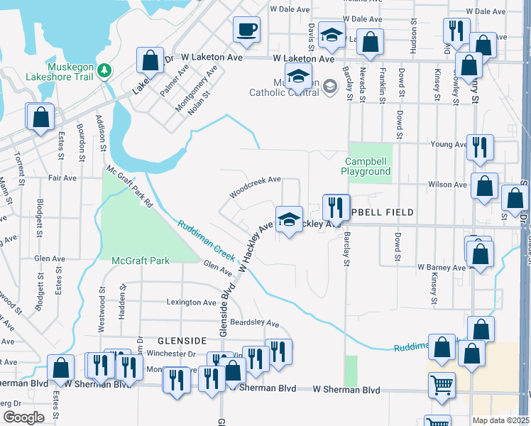 map of restaurants, bars, coffee shops, grocery stores, and more near 1350 West Hackley Avenue in Muskegon