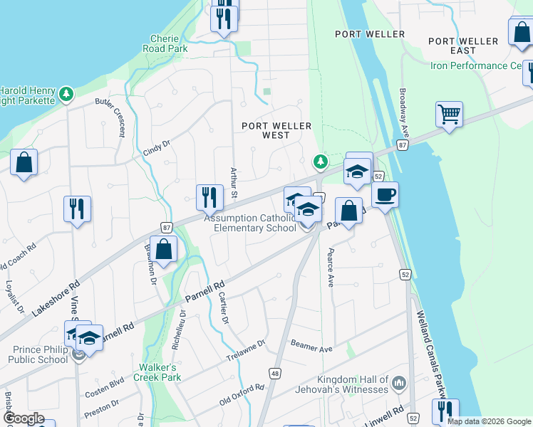 map of restaurants, bars, coffee shops, grocery stores, and more near 280 Lakeshore Road in St. Catharines