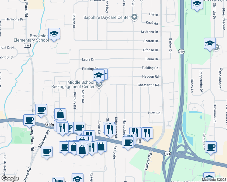 map of restaurants, bars, coffee shops, grocery stores, and more near 249 Chesterton Road in Rochester