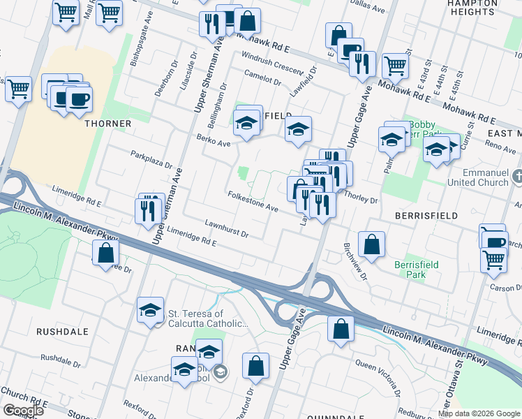 map of restaurants, bars, coffee shops, grocery stores, and more near 63 Folkestone Avenue in Hamilton