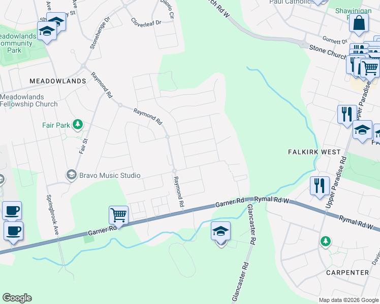 map of restaurants, bars, coffee shops, grocery stores, and more near 11 Morrison Drive in Hamilton