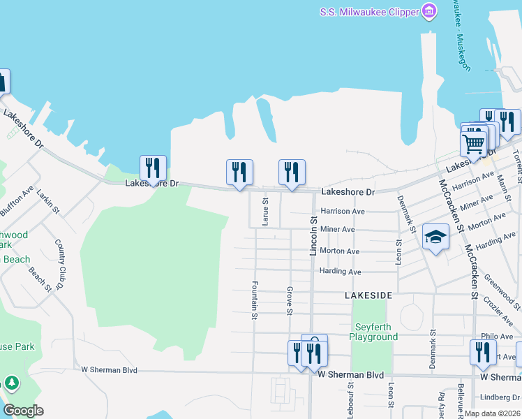 map of restaurants, bars, coffee shops, grocery stores, and more near 2187 Clifford Street in Muskegon