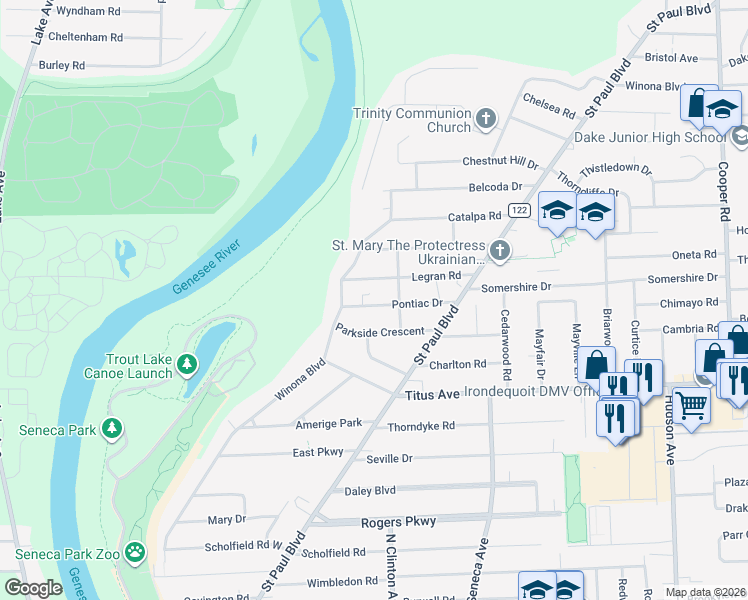 map of restaurants, bars, coffee shops, grocery stores, and more near 48 Pontiac Drive in Rochester