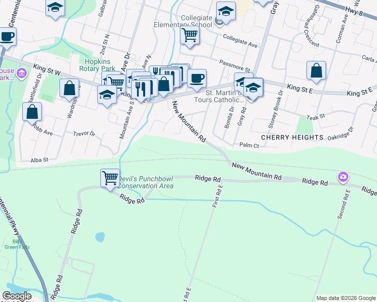 map of restaurants, bars, coffee shops, grocery stores, and more near 30 Leslie Drive in Hamilton