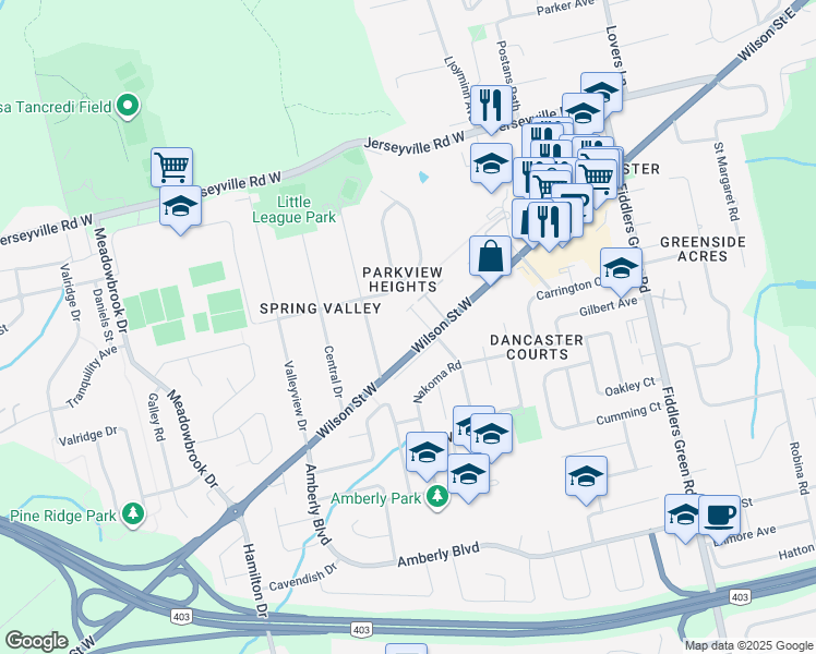 map of restaurants, bars, coffee shops, grocery stores, and more near 195 Wilson Street West in Hamilton