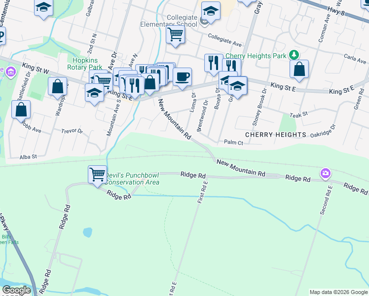map of restaurants, bars, coffee shops, grocery stores, and more near 33 Leslie Drive in Hamilton