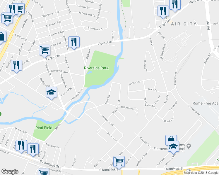 map of restaurants, bars, coffee shops, grocery stores, and more near 527 River Road in Rome