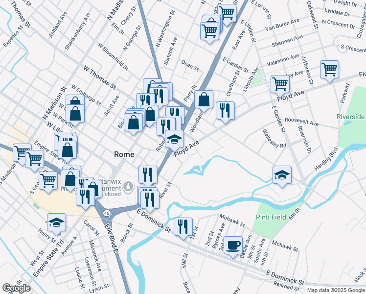 map of restaurants, bars, coffee shops, grocery stores, and more near 419 Floyd Avenue in Rome