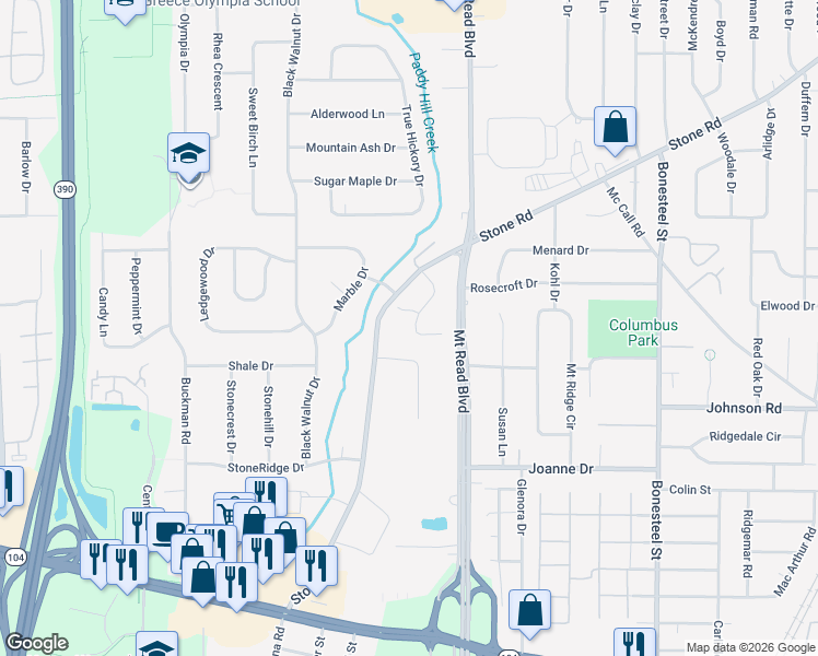 map of restaurants, bars, coffee shops, grocery stores, and more near 41 Old Stone Lane in Rochester