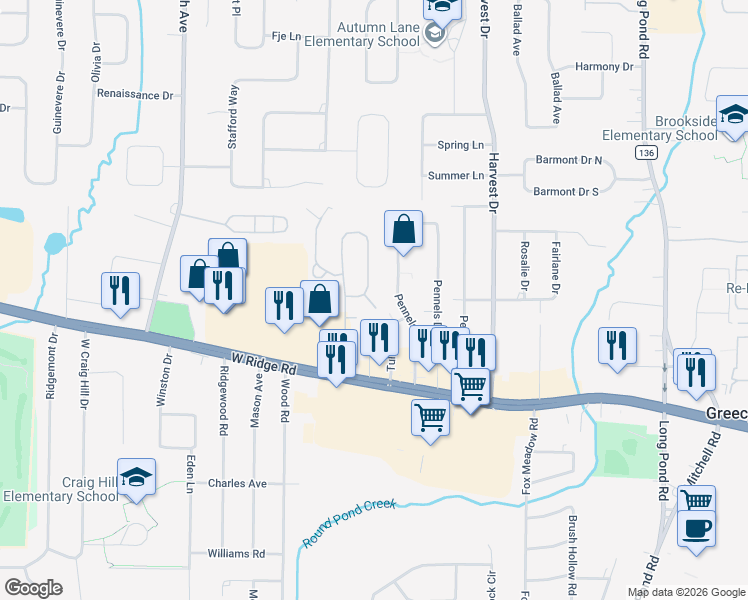 map of restaurants, bars, coffee shops, grocery stores, and more near 50 Flower Dale Drive in Rochester