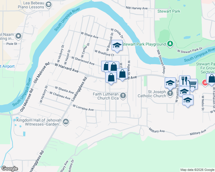 map of restaurants, bars, coffee shops, grocery stores, and more near 642 West Luellen Drive in Roseburg