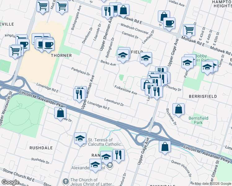 map of restaurants, bars, coffee shops, grocery stores, and more near 6 Lesterwood Street in Hamilton
